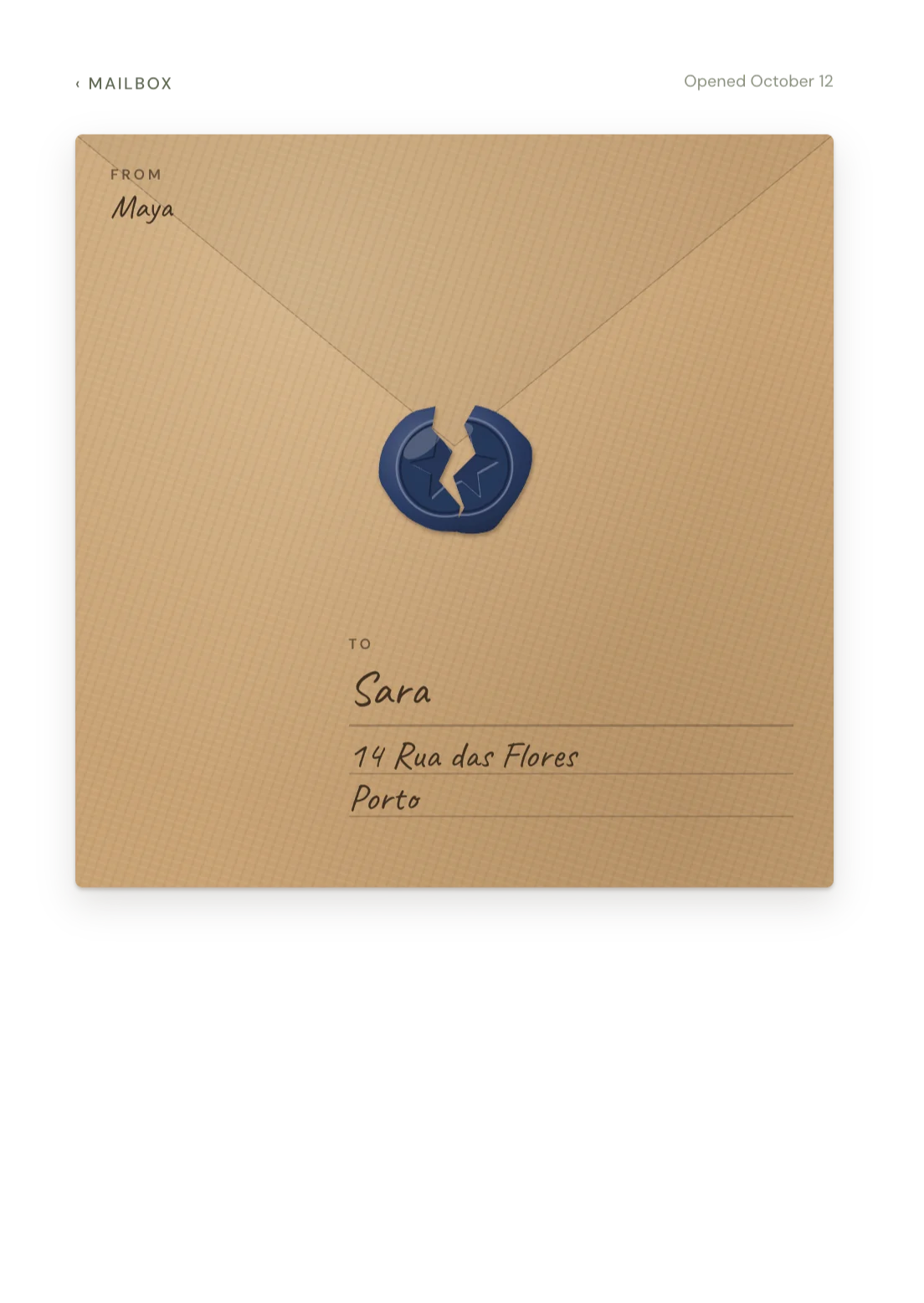 Letters in Planif: an envelope with its wax seal broken