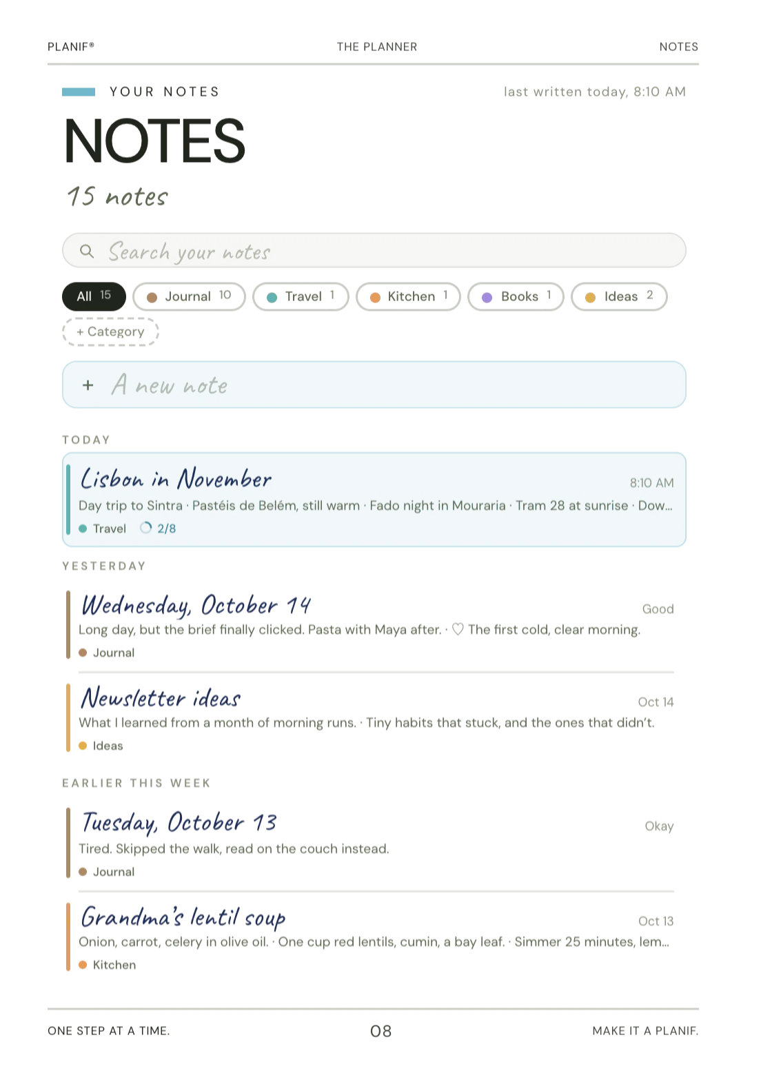 Notes in Planif: notes in coloured categories, newest first