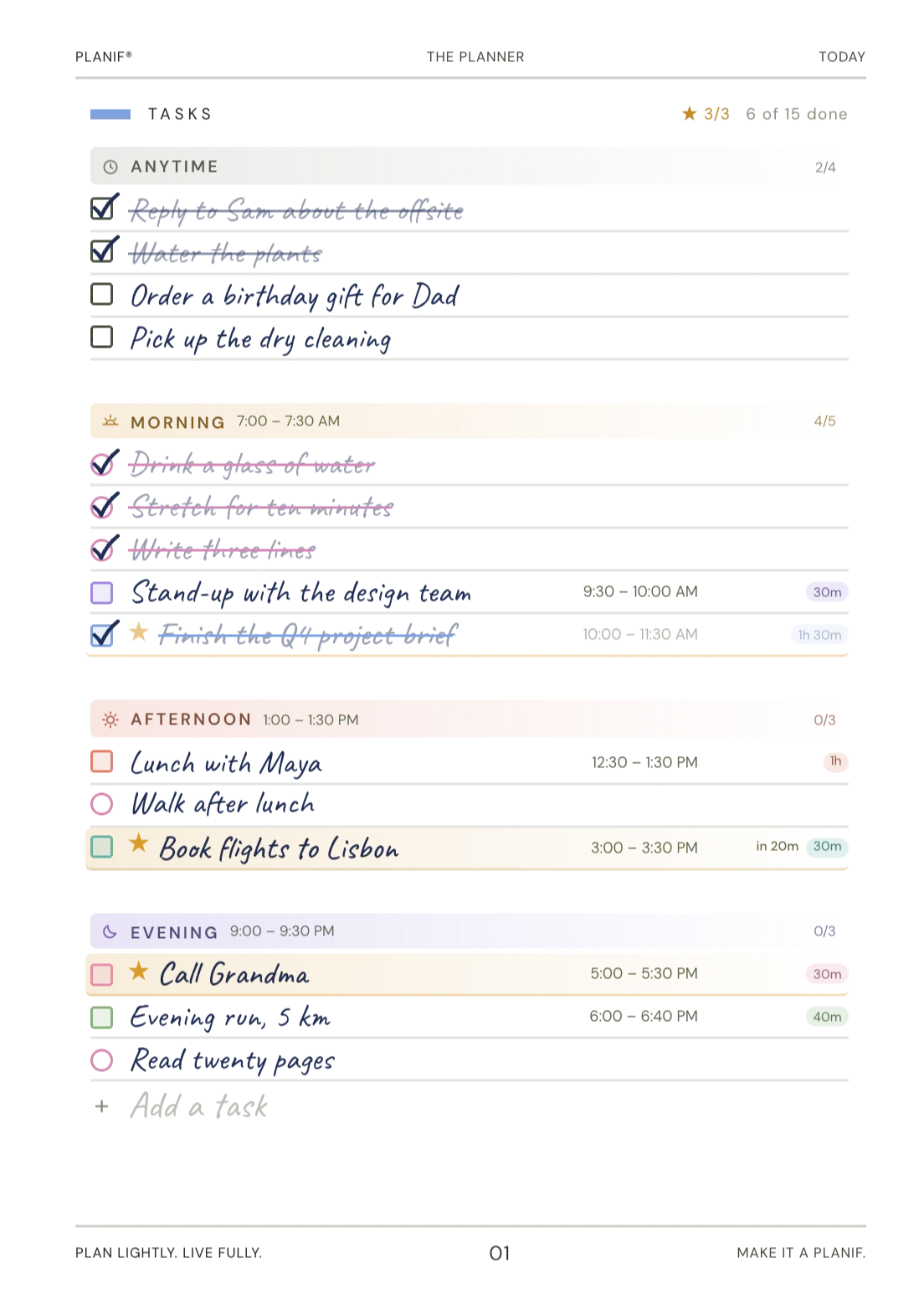 The Today page in Planif: a list of tasks, three of them starred, and the day’s routine
